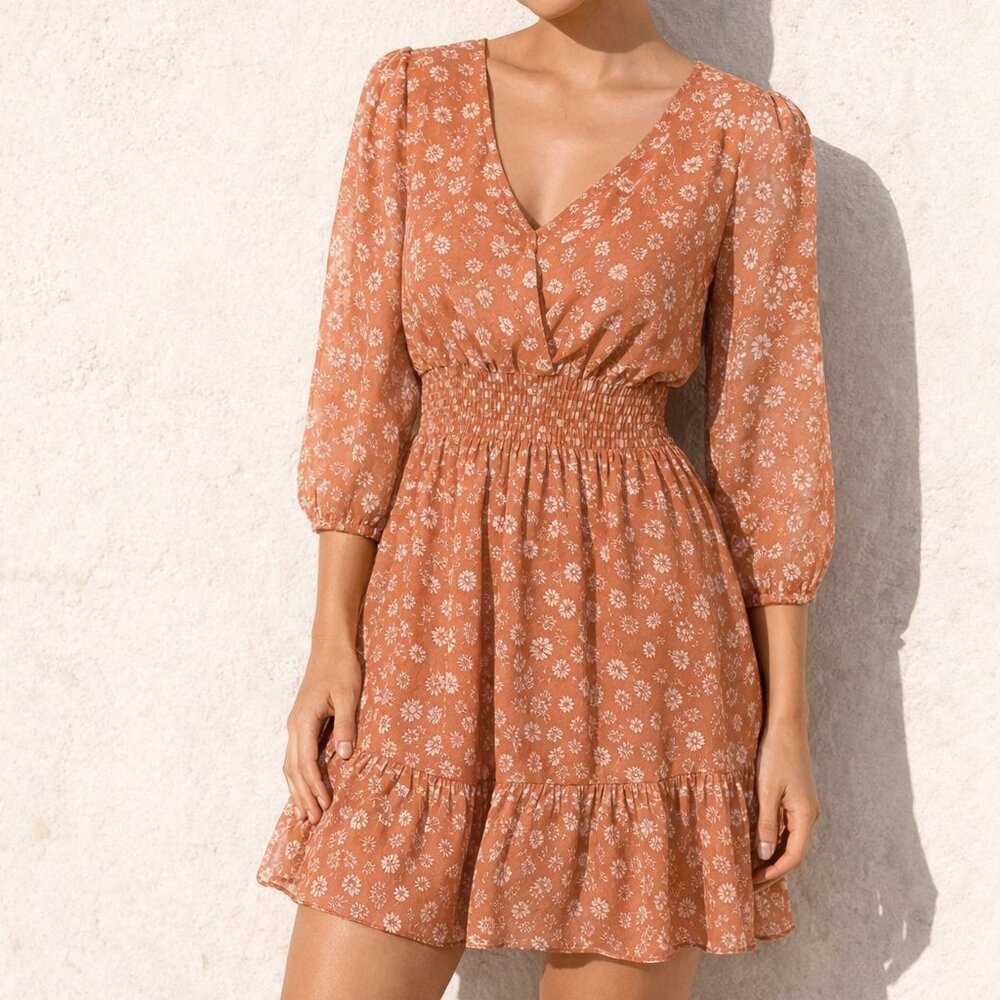 Hollister SM Rust Floral Mini Dress | Smocked Waist Boho Cute Flowy
